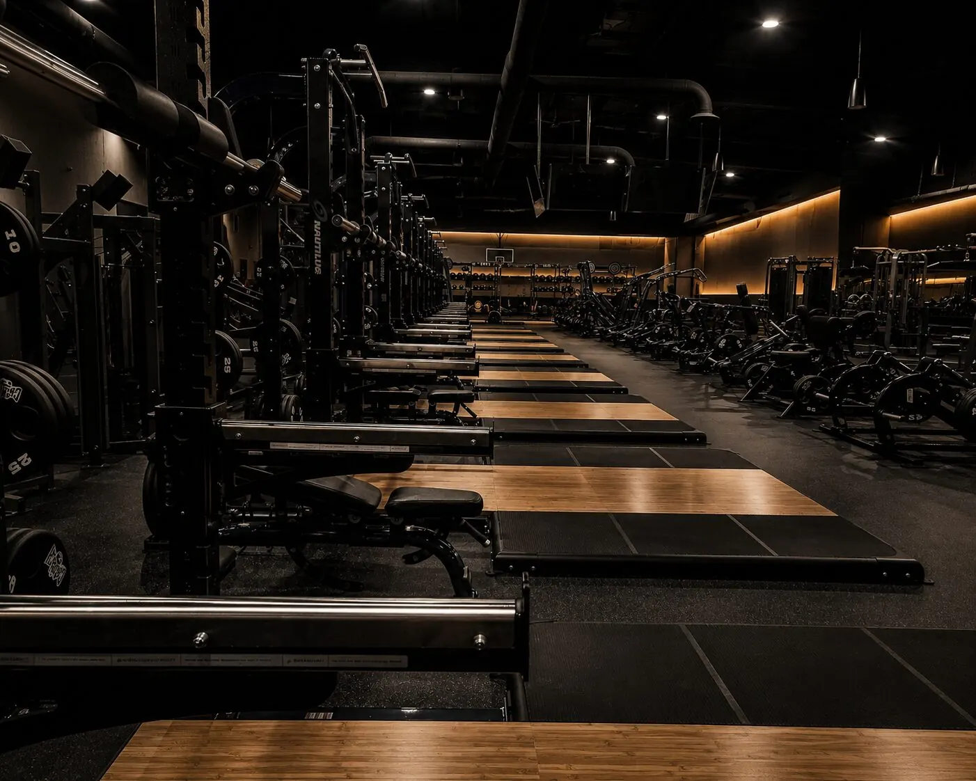 Adjustable benches and squat racks along the strength floor at Sanctuary Fitness Marlboro