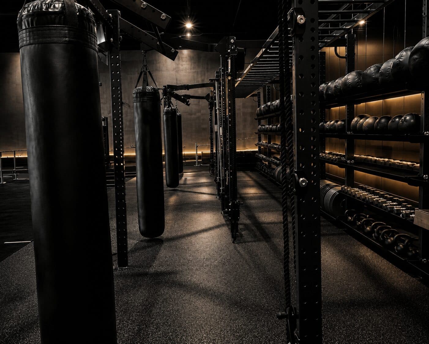 Heavy bag and boxing area at Sanctuary Fitness, with hanging bags and wall-mounted storage under warm lighting.