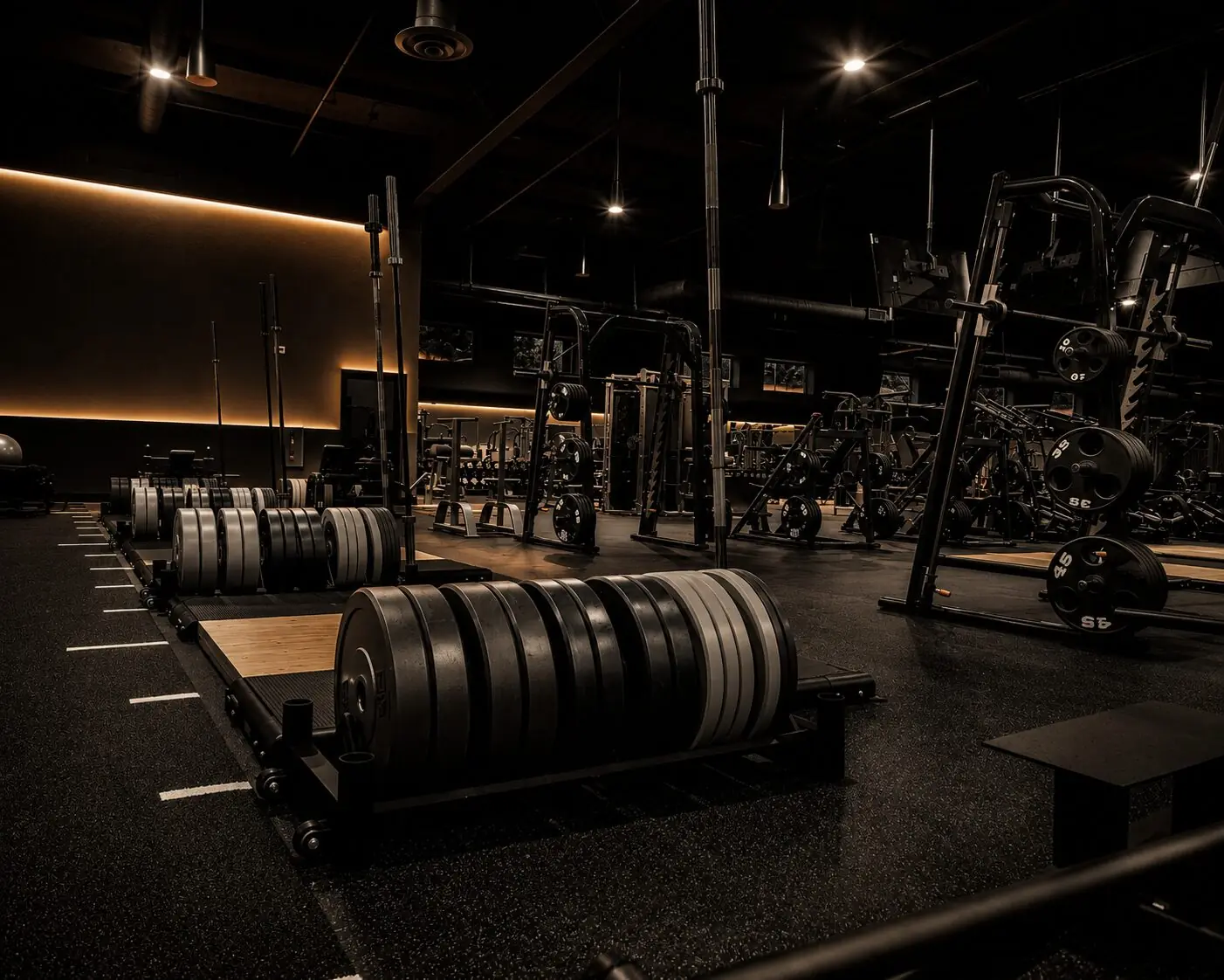 Bumper plates on rollers beside racks and benches at Sanctuary Fitness Marlboro