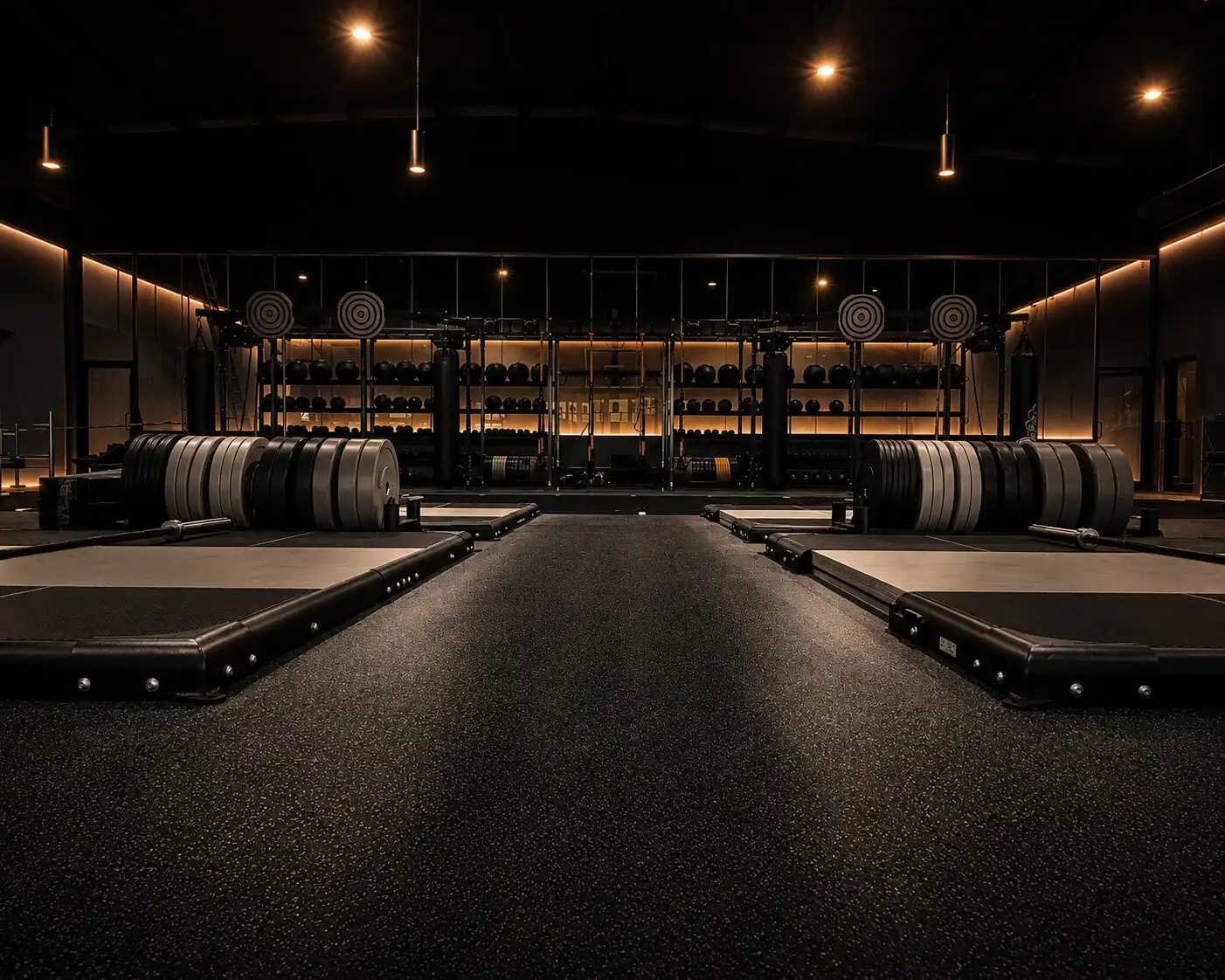 Wood lifting platforms down the center of the strength floor at Sanctuary Fitness Marlboro